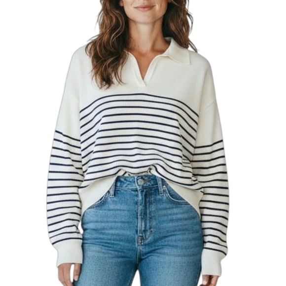 White Birch Womens Striped Polo Sweater Pullover Long Sleeve XL White and Blue - Picture 1 of 13